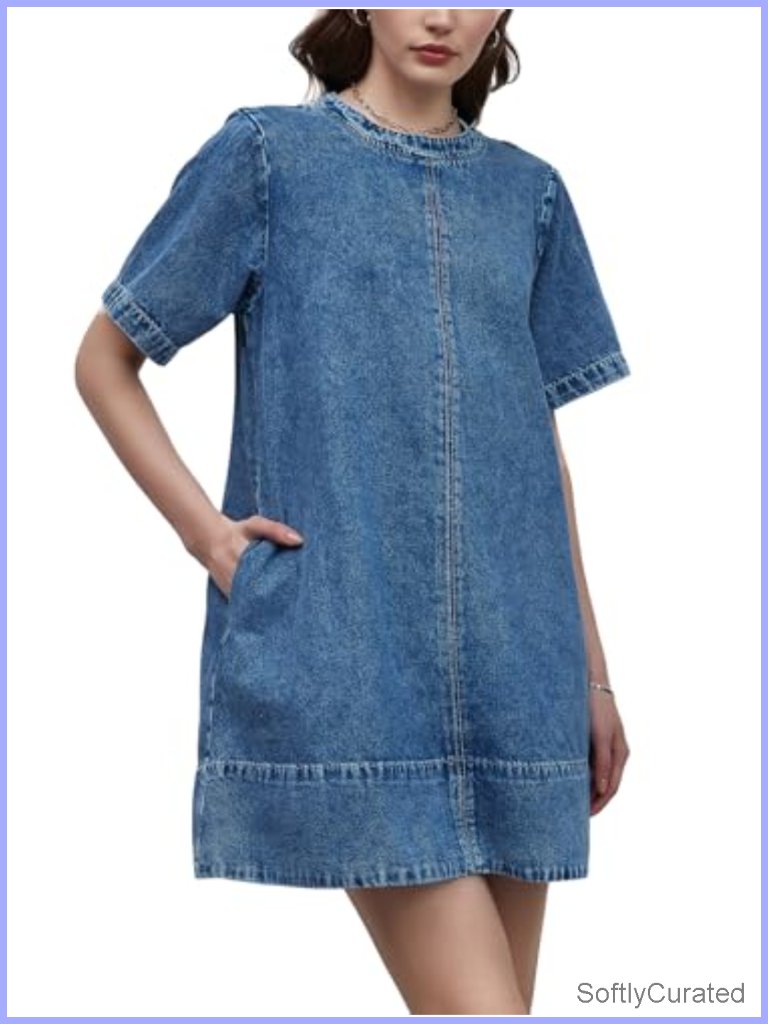 Denim Cotton Blend Mini Jean Dress With Pockets Crewneck Short Sleeve Loose Fit